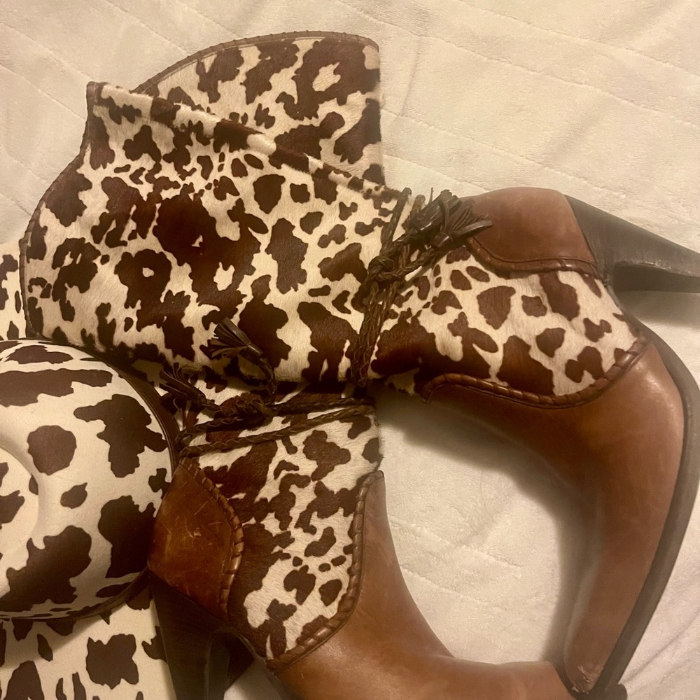 Gianni Bini Brown and White Cow Print Heeled Boots
